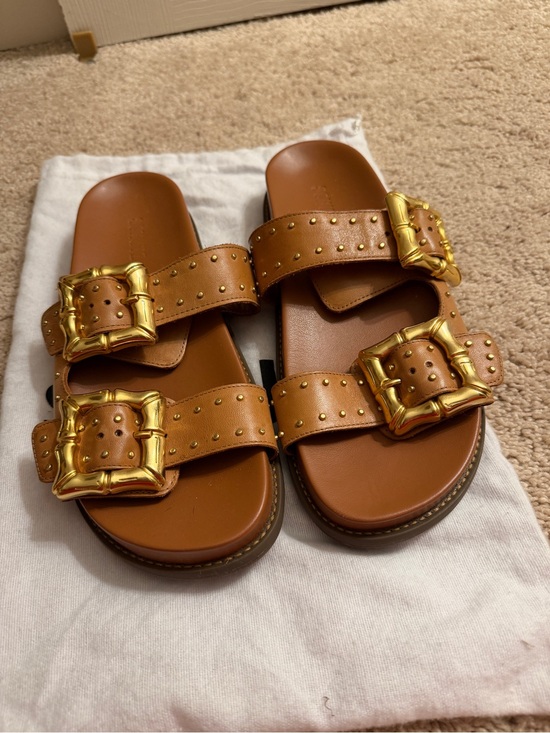 SCHUTZ Shoes - SCHUTZ Tan Leather Double-Buckle Slide Sandals with Gold Buckles